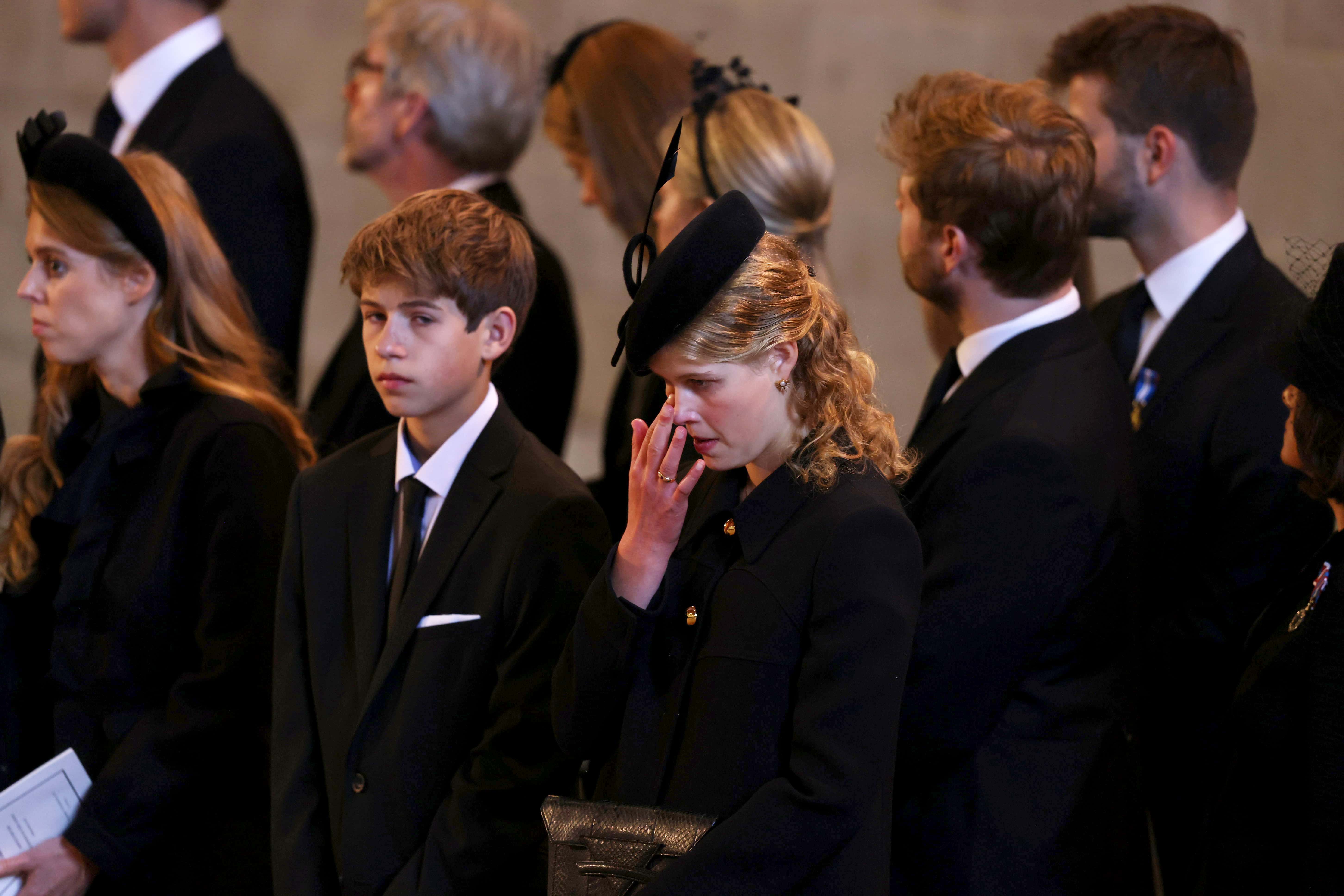 James, Viscount Severn and Lady Louise Windsor pay their respects in The Palace of Westminster during the procession for the Lying-in State of Queen Elizabeth II on September 14, 2022 in London, United Kingdom. Queen Elizabeth II's coffin is taken in procession on a Gun Carriage of The King's Troop Royal Horse Artillery from Buckingham Palace to Westminster Hall where she will lay in state until the early morning of her funeral. Queen Elizabeth II died at Balmoral Castle in Scotland on September 8, 2022, and is succeeded by her eldest son, King Charles III.