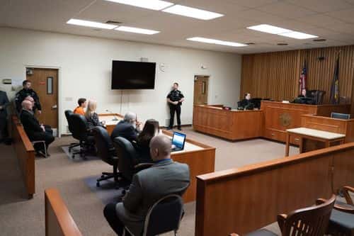 Bryan Kohberger sits as his attorney, public defender Anne Taylor, right, speaks during a hearing in Latah County District Court on January 5, 2023, in Moscow, Idaho. Kohberger has been arrested for the murders of four University of Idaho students in November 2022.