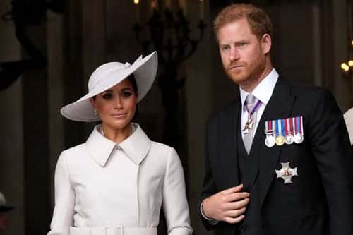 Prince Harry and Meghan Markle, Duke and Duchess of Sussex leave after a service of thanksgiving for the reign of Queen Elizabeth II at St Paul's Cathedral in London, Friday, June 3, 2022 on the second of four days of celebrations to mark the Platinum Jubilee. The events over a long holiday weekend in the U.K. are meant to celebrate the monarch's 70 years of service. (Photo by Matt Dunham - WPA Pool/Getty Images)