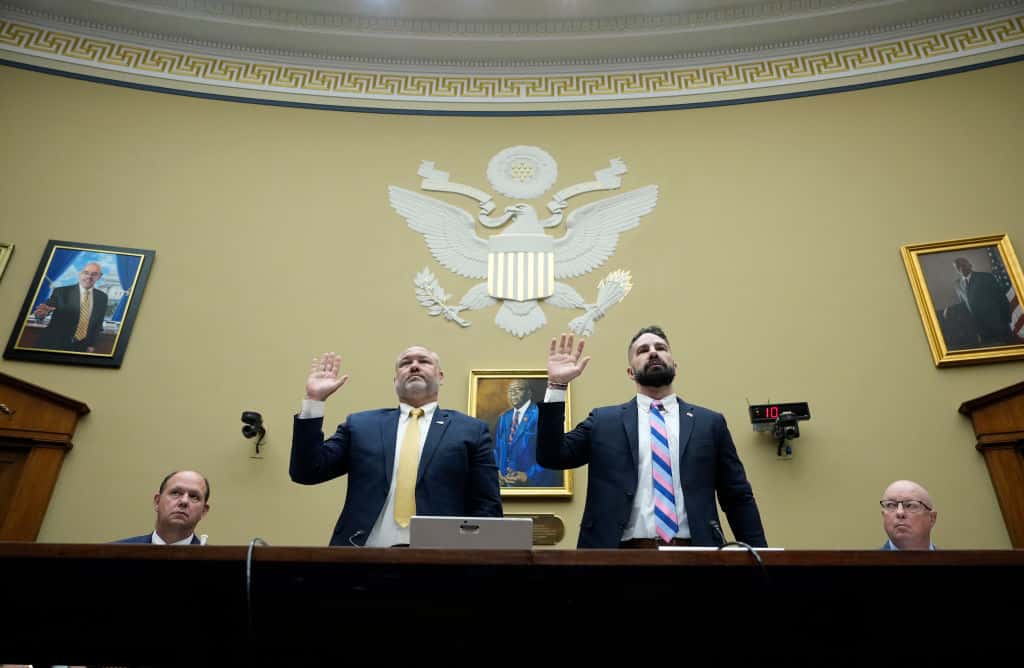 WASHINGTON, DC - JULY 19: Supervisory IRS Special Agent Gary Shapley (L) and IRS Criminal Investigator Joseph Ziegler are sworn-in as they testify during a House Oversight Committee hearing related to the Justice Department's investigation of Hunter Biden, on Capitol Hill July 19, 2023 in Washington, DC. The committee heard testimony from two whistleblowers from the Internal Revenue Service who allege that the Hunter Biden criminal probe was mishandled by the Department of Justice. (Photo by Drew Angerer/Getty Images)
