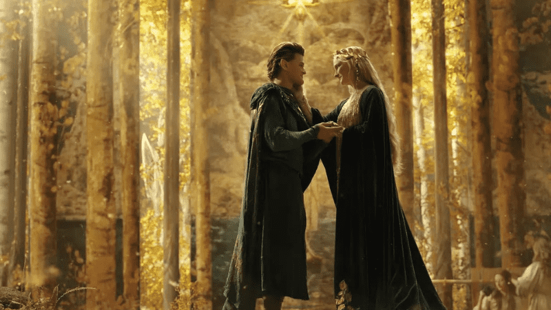 Robert Aramayo (Elrond), Morfydd Clark (Galadriel) in 'The Lord of the Rings: The Rings of Power' (Ben Rothstein/Prime Video)