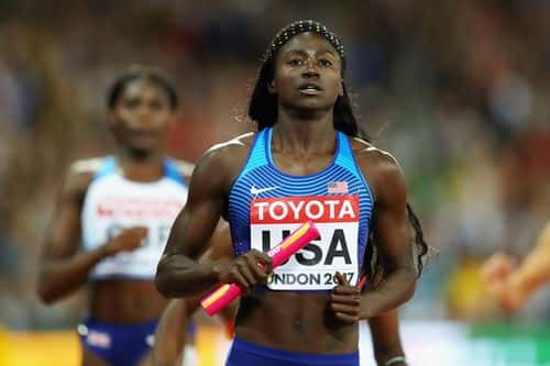 Tori Bowie of the United States reacts as she crosses the finishline to win gold in the Women's 4x100 Metres Final during day nine of the 16th IAAF World Athletics Championships London 2017 at The London Stadium on August 12, 2017 in London, United Kingdom.