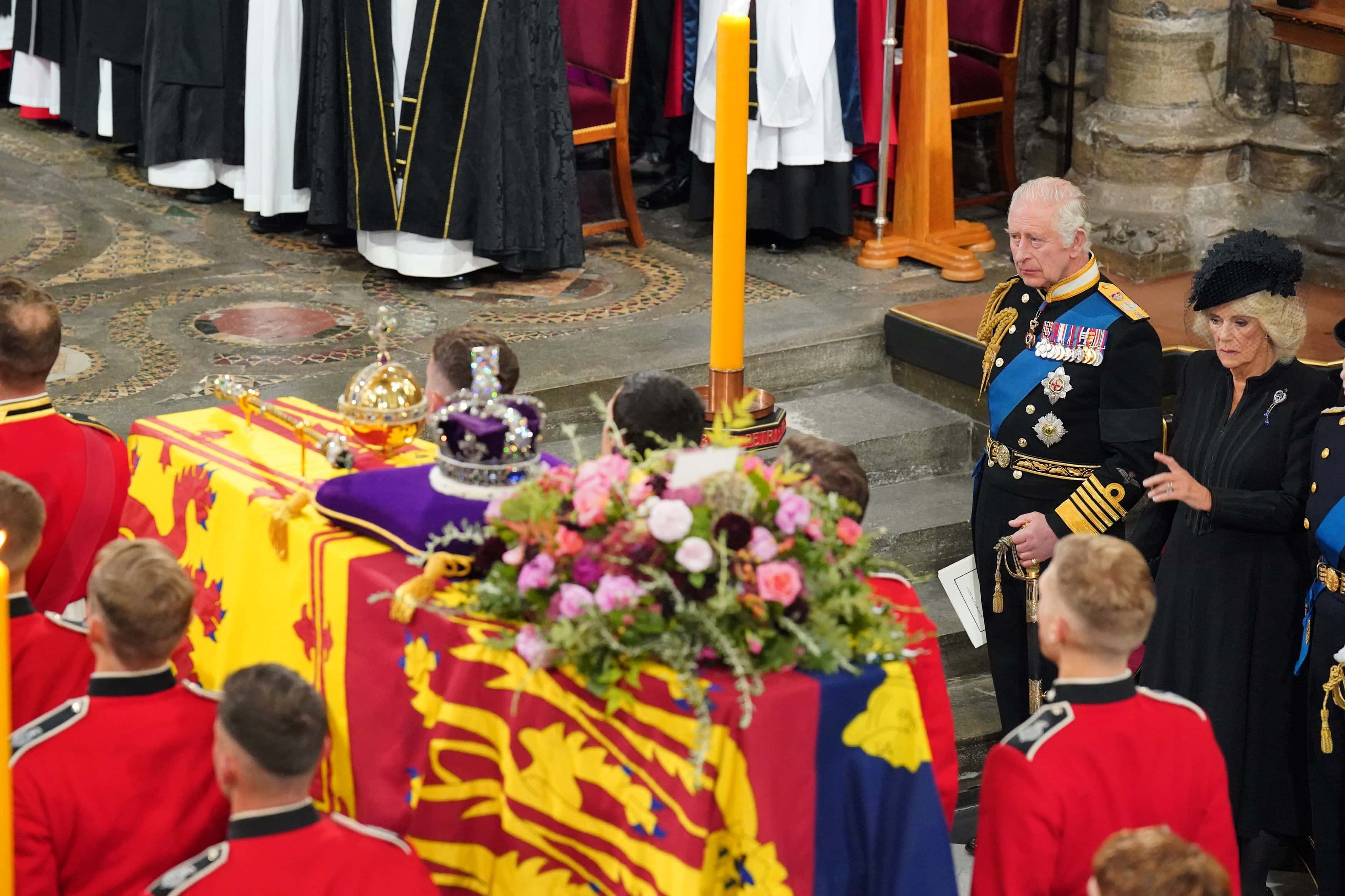 King Charles III and Camilla, Queen Consort in front of the coffin of Queen Elizabeth II during the State Funeral of Queen Elizabeth II, held at Westminster Abbey, on September 19, 2022 in London, England. Elizabeth Alexandra Mary Windsor was born in Bruton Street, Mayfair, London on 21 April 1926. She married Prince Philip in 1947 and ascended the throne of the United Kingdom and Commonwealth on 6 February 1952 after the death of her Father, King George VI. Queen Elizabeth II died at Balmoral Castle in Scotland on September 8, 2022, and is succeeded by her eldest son, King Charles III.