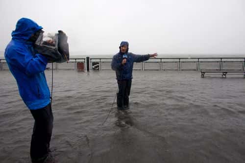 In this handout image provided by The Weather Channel, Jim Cantore, an on-camera meteorologist for The Weather Channel, reports on Hurricane Irene from Battery Park August 28, 2011 in New York City. The center of the hurricane made land fall at Coney Island in New York causing flooding in parts of the city.