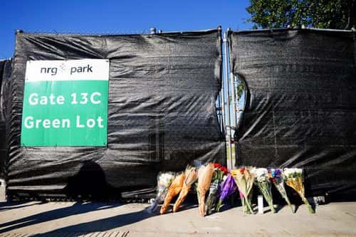 Flowers are seen outside of the canceled Astroworld festival at NRG Park on November 6, 2021 in Houston, Texas. According to authorities, eight people died and 17 people were transported to local hospitals after what they describe as a crowd surge at the Astroworld festival, a music festival started by Houston-native rapper and musician Travis Scott in 2018.
