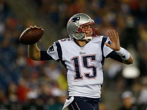 Ryan Mallett #15 of the New England Patriots prepares to throw against during their pre-season game with the Philadelphia Eagles at Gillette Stadium on August 15, 2014 in Foxboro, Massachusetts.