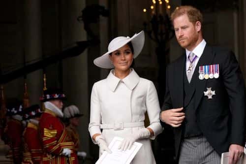 Prince Harry and Meghan Markle, Duke and Duchess of Sussex leave after a service of thanksgiving for the reign of Queen Elizabeth II at St Paul's Cathedral in London, Friday, June 3, 2022 on the second of four days of celebrations to mark the Platinum Jubilee. The events over a long holiday weekend in the U.K. are meant to celebrate the monarch's 70 years of service.