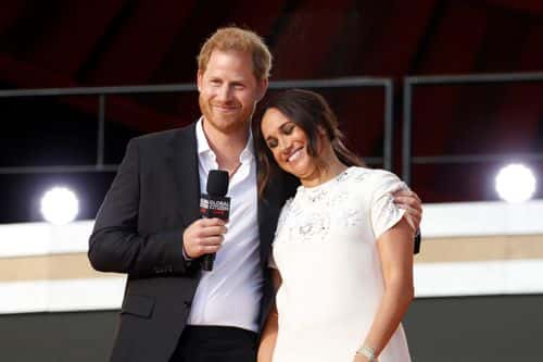 Prince Harry, Duke of Sussex and Meghan, Duchess of Sussex speak onstage during Global Citizen Live, New York on September 25, 2021 in New York City. (Photo by John Lamparski/Getty Images)