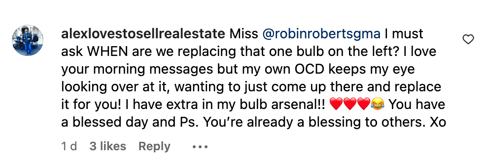 A fan requested 'GMA' host Robin Roberts to get the lightbulb fixed as soon as possible (@robinrobertsgma/Instagram)