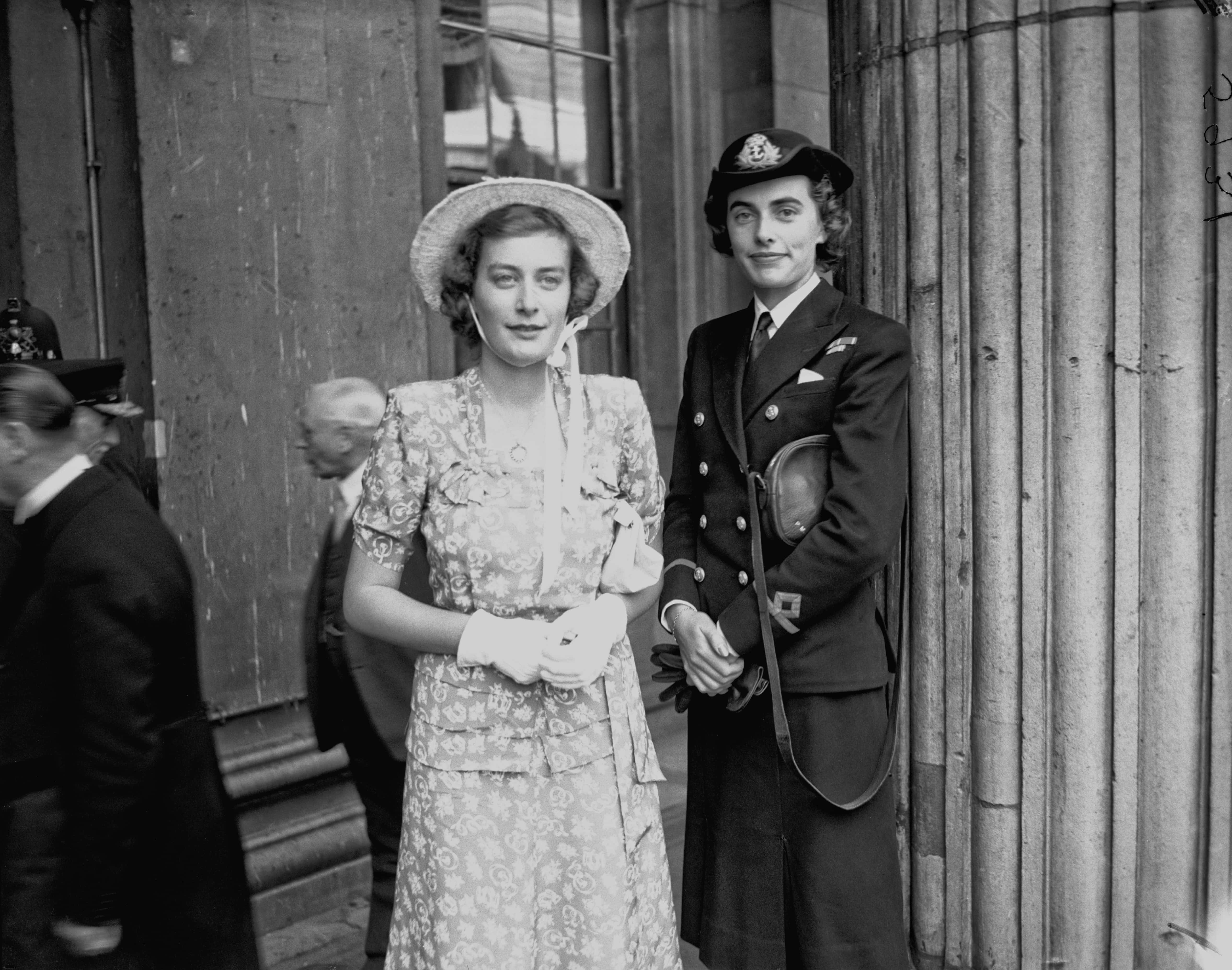 Pamela Mountbatten (later Hicks, left) and Patricia Mountbatten (later Knatchbull), at Mansion House in London, 10th July 1946. They are accompanying their father, Lord Louis Mountbatten, as he receives the Freedom of the City of London. Patricia is wearing the uniform of a Wren, of the Women's Royal Naval Service, from which she has recently been demobilised. (Photo by Central Press/Hulton Archive/Getty Images)