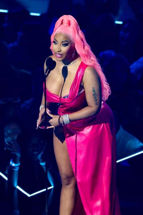 Nicki Minaj speaks onstage at the 2022 MTV VMAs at Prudential Center on August 28, 2022 in Newark, New Jersey.