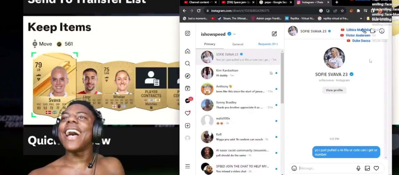 IShowSpeed send a direct message to a player named, 'Sofia Savava' on Instagram (@ishowspeed/YouTube)