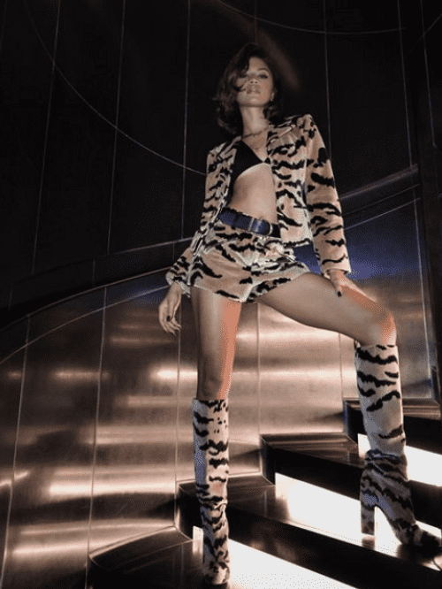 Zendaya during the Louis Vuitton wearing leopard print shorts and a blazer (Instagram/@zendaya)
