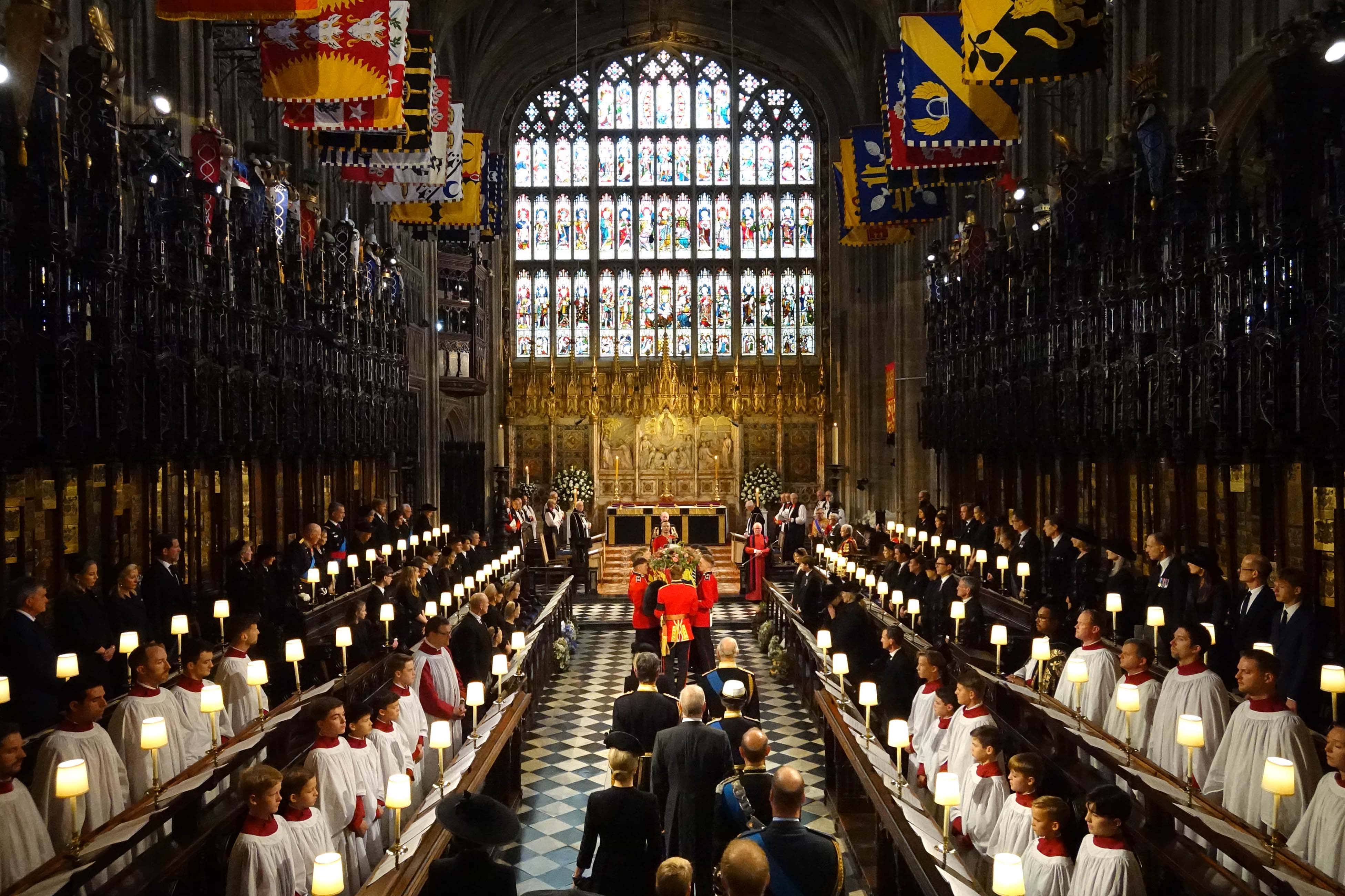 King Charles III and members of the royal family follow behind the coffin of Queen Elizabeth II as it is carried into St George's Chapel at the Committal Service on September 19, 2022 in Windsor, England. The committal service at St George's Chapel, Windsor Castle, took place following the state funeral at Westminster Abbey. A private burial in The King George VI Memorial Chapel followed. Queen Elizabeth II died at Balmoral Castle in Scotland on September 8, 2022, and is succeeded by her eldest son, King Charles III.