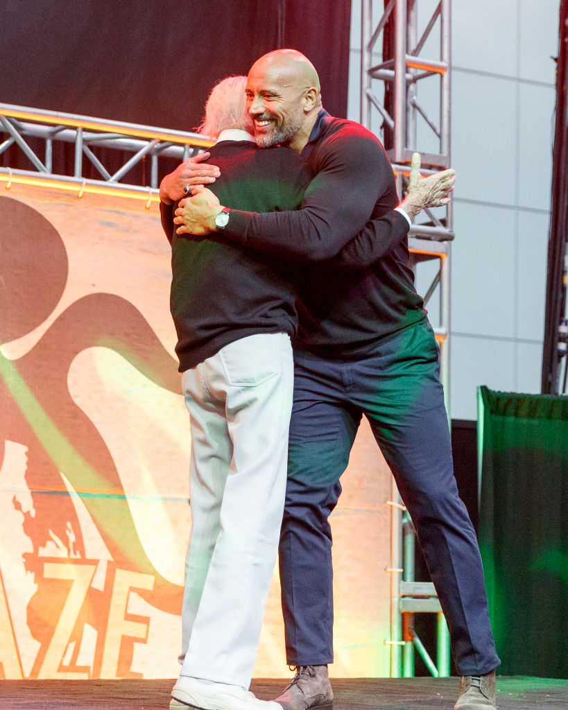 Stan Lee greats actor Dwayne Johnson onstage at ENTERTAINMENT WEEKLY Presents Dwayne 'The Rock' Johnson at Stan Lee's Los Angeles Comic-Con at Los Angeles Convention Center on October 28, 2017, in Los Angeles (Source: Rich Polk/Getty Images for Entertainment Weekly)