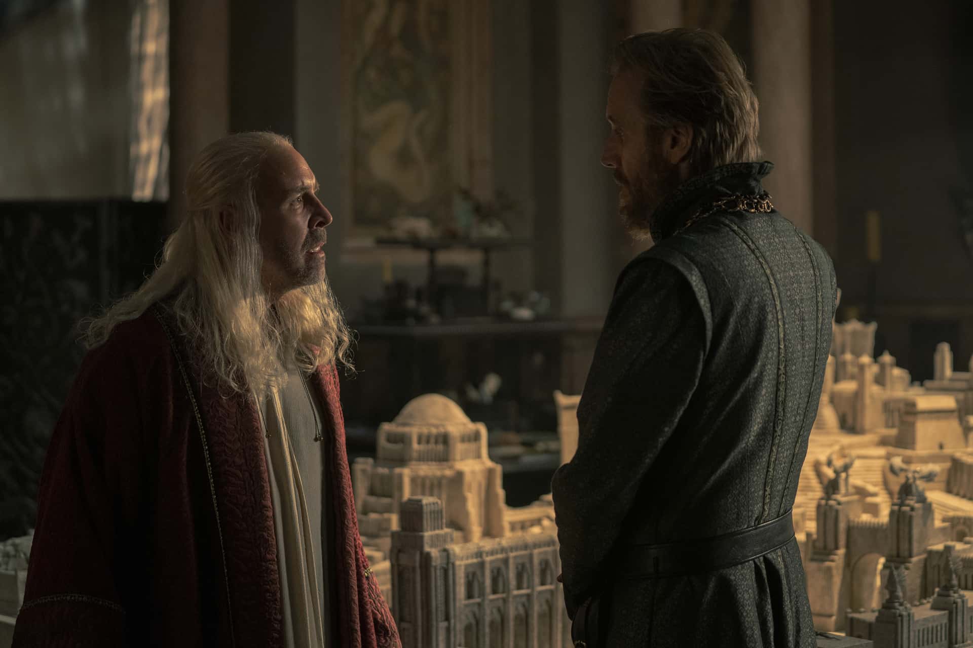 Paddy Considine (King Viserys) and Rhys Ifans (Ser Otto Hightower) in 'House of the Dragon' (HBO)