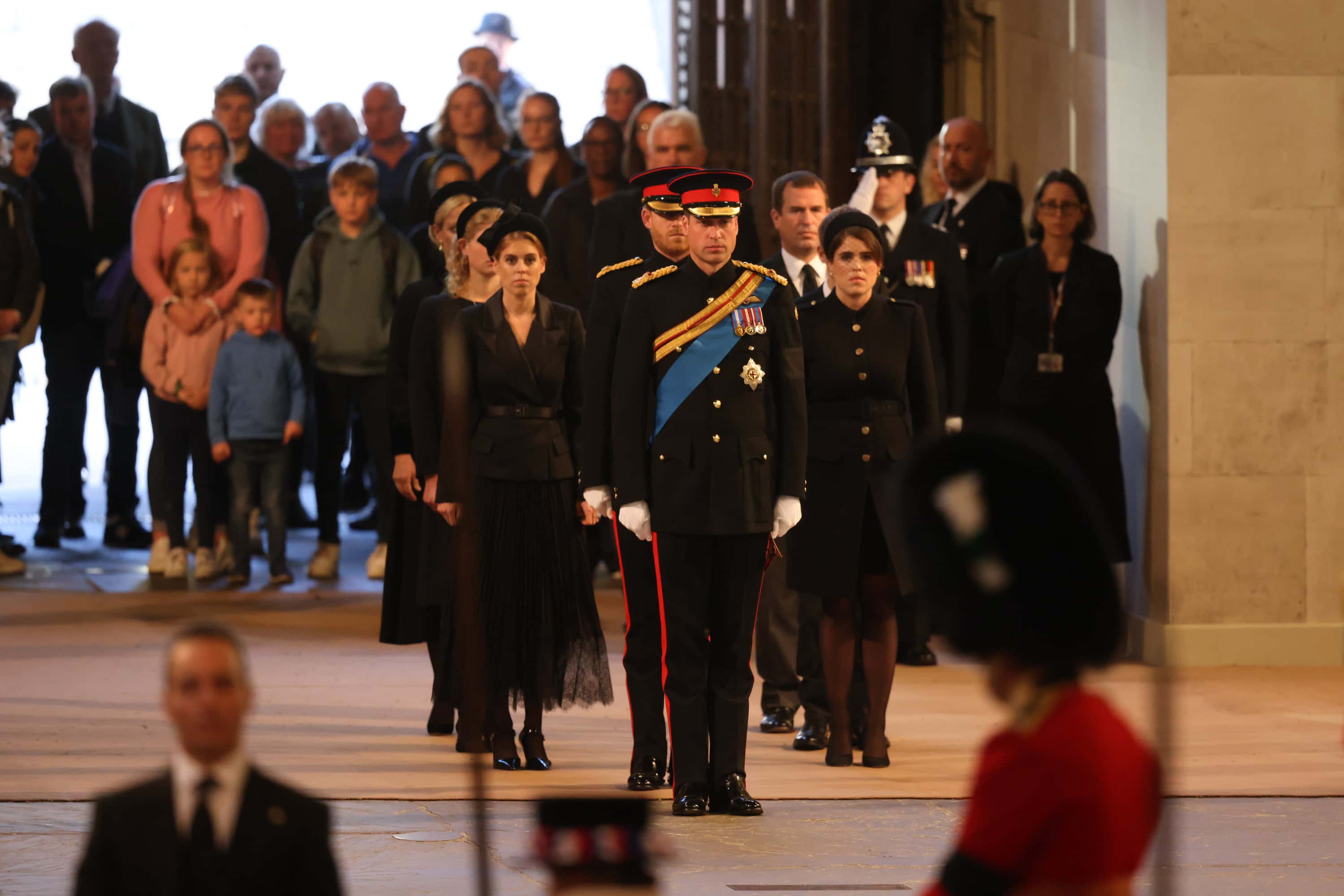 Prince William, Prince of Wales, Prince Harry, Duke of Sussex, Princess Eugenie of York, Princess Beatrice of York, Peter Phillips, Zara Tindall, Lady Louise Windsor, James, Viscount Severn (obscured) arrive to hold a vigil in honour of Queen Elizabeth II at Westminster Hall on September 17, 2022 in London, England. Queen Elizabeth II's grandchildren mount a family vigil over her coffin lying in state in Westminster Hall. Queen Elizabeth II died at Balmoral Castle in Scotland on September 8, 2022, and is succeeded by her eldest son, King Charles III.