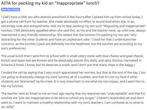 Mother outraged as teacher slams son's lunch as
