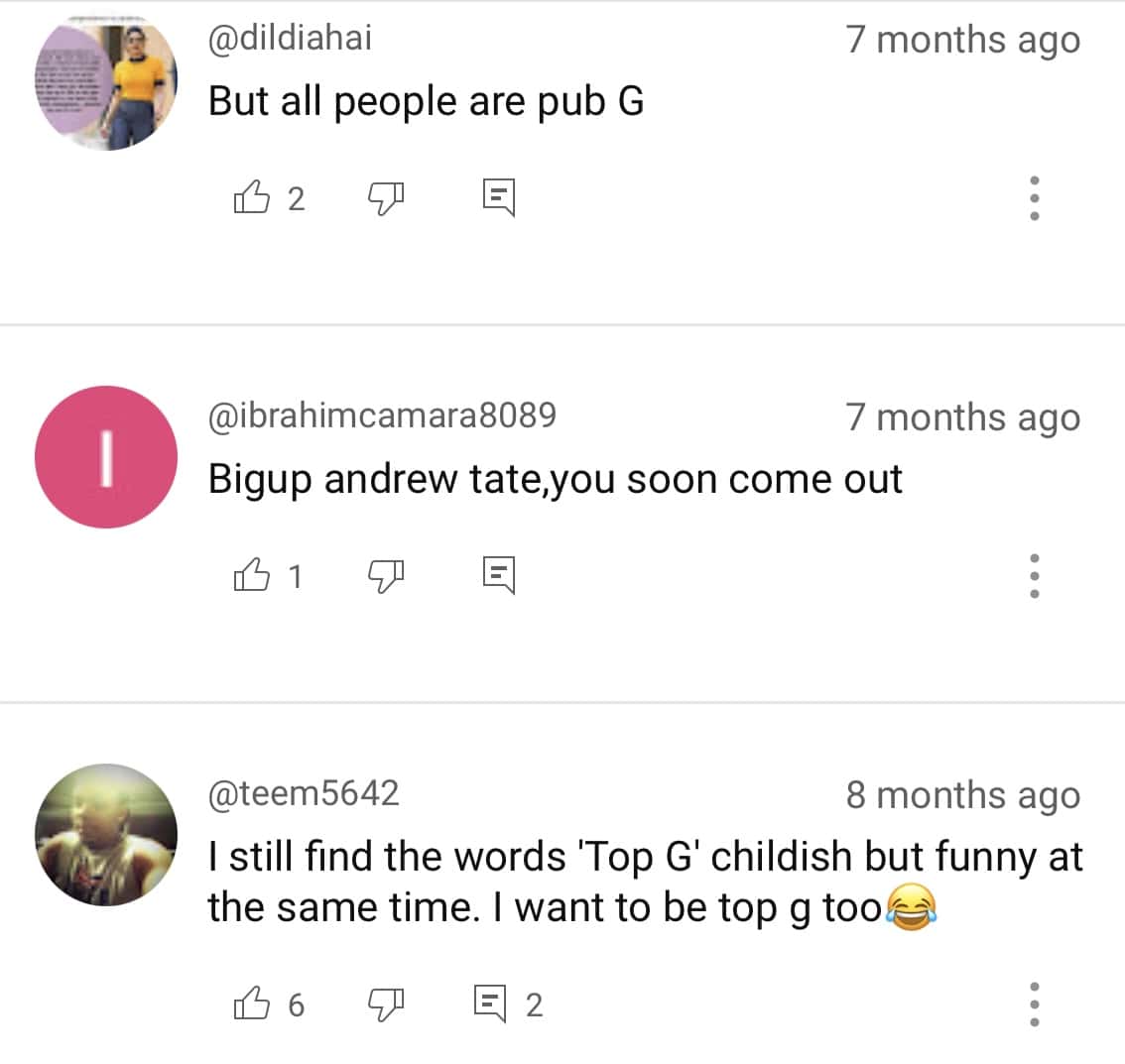 Comments on Andrew Tate's video (@TateShorts/Youtube)