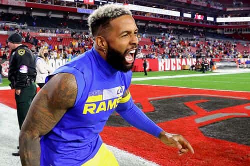 Odell Beckham Jr. #3 of the Los Angeles Rams reacts after defeating the Tampa Bay Buccaneers 30-27 in the NFC Divisional Playoff game at Raymond James Stadium on January 23, 2022 in Tampa, Florida.