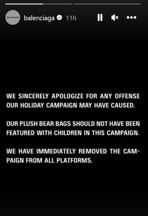 Global fashion brand Balenciaga's apology on Instagram (Instagram/@balenciaga)