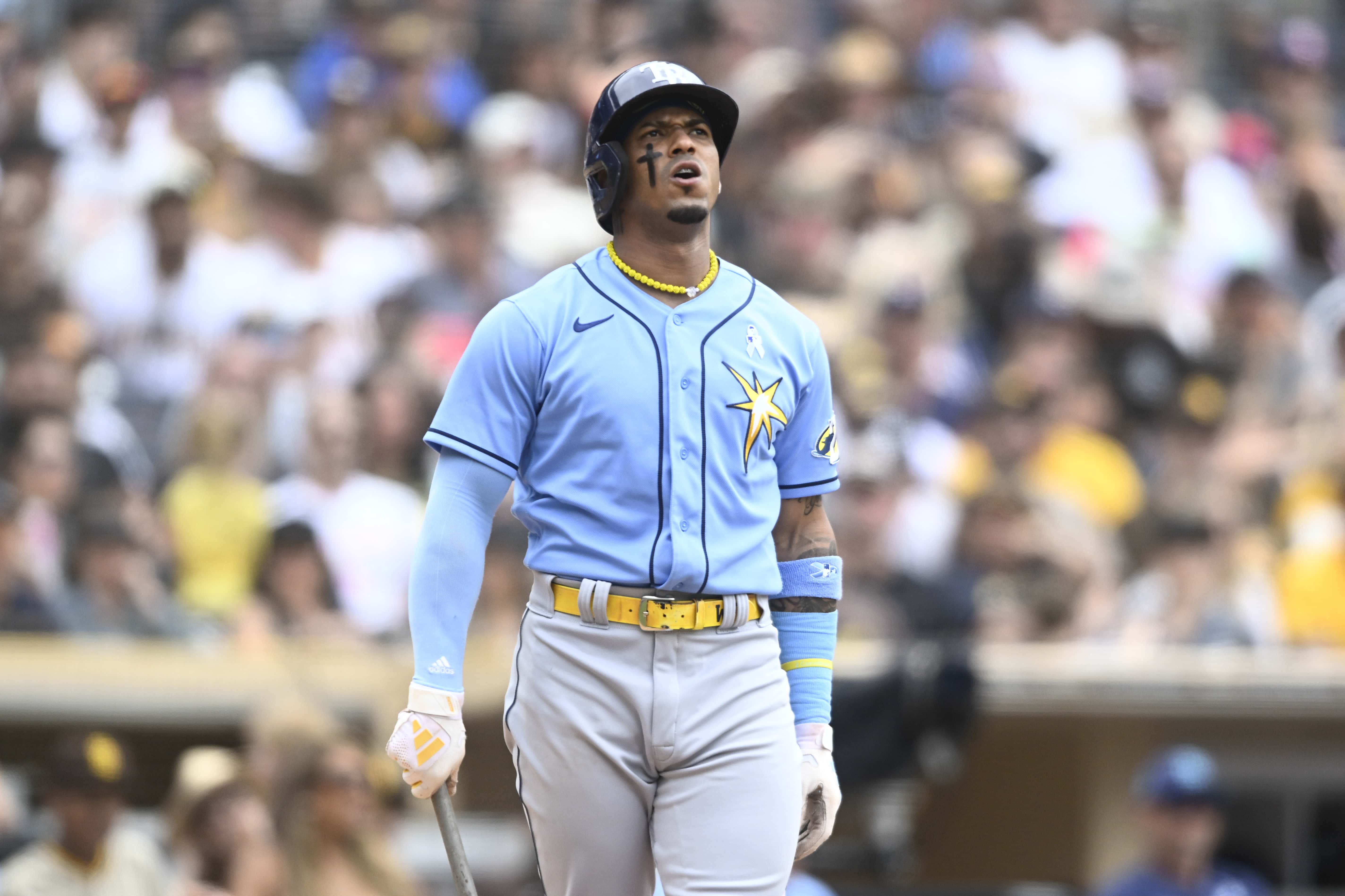Wander Franco #5 of the Tampa Bay Rays reacts after hitting a foul ball during the seventh inning of a baseball game against the San Diego Padres on June 18, 2023 at Petco Park in San Diego, California.