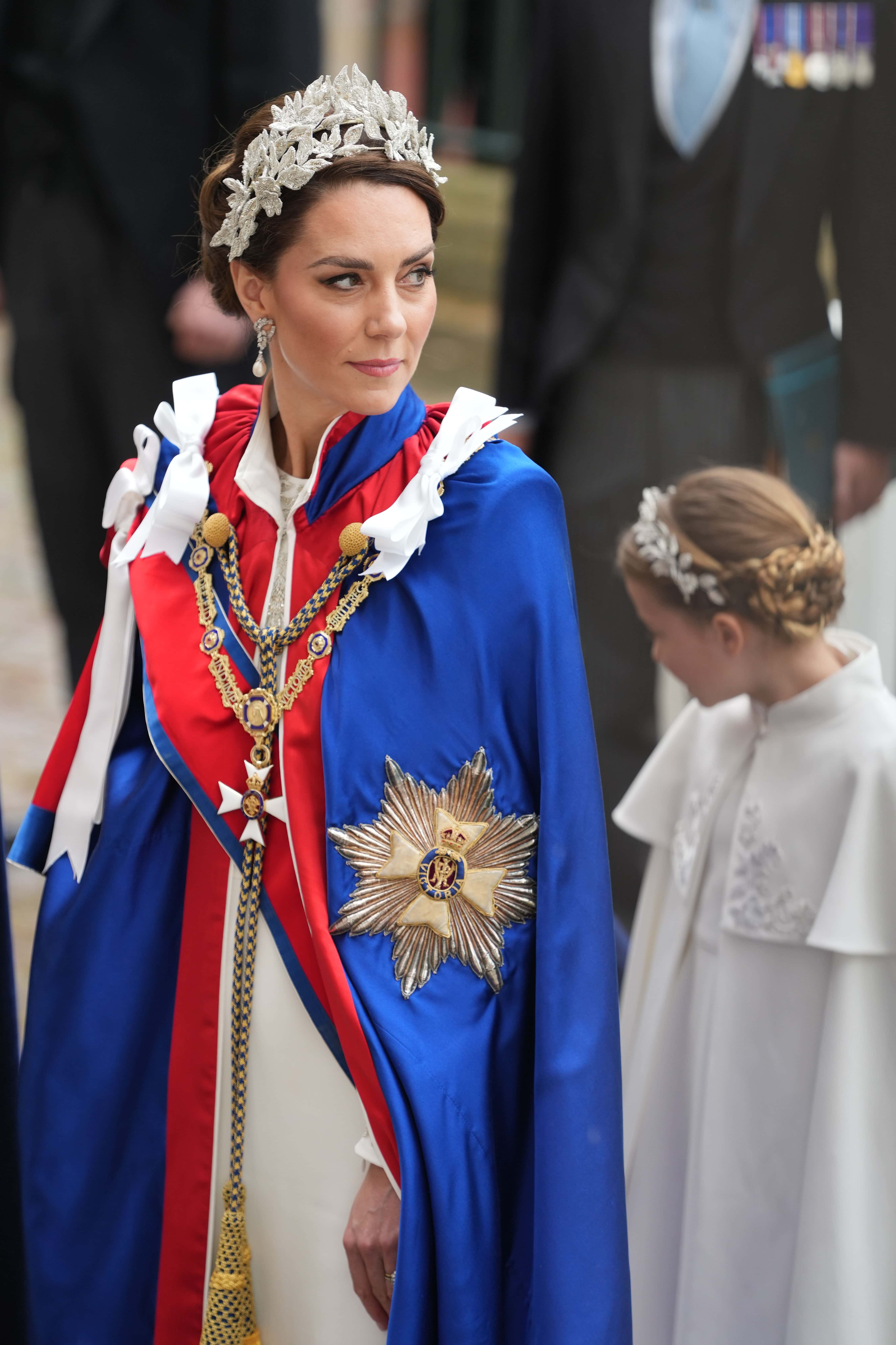 LONDON, ENGLAND - MAY 06: (Bottom L to R) Britain's Prince William, Prince of Wales, Princess Charlotte, Prince Louis, Britain's Catherine, Princess of Wales, Prince Edward, Duke of Edinburgh. (Top L to R) James, Earl of Wessex, Lady Louise Windsor, Prince Richard, Duke of Gloucester and Birgitte, Duchess of Gloucester attend the Coronation of King Charles III and Queen Camilla at Westminster Abbey on May 6, 2023 in London, England. The Coronation of Charles III and his wife, Camilla, as King and Queen of the United Kingdom of Great Britain and Northern Ireland, and the other Commonwealth realms takes place at Westminster Abbey today. Charles acceded to the throne on 8 September 2022, upon the death of his mother, Elizabeth II. (Yui Mok - WPA Pool/Getty Images)