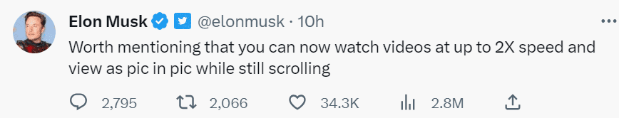 Elon Musk sharing information on new Twitter feature (elonmusk/Twitter)
