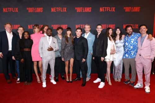 (L-R) Isaac Horne, Allen Covert, Laci Mosley, Lauren Lapkus, Blake Anderson, Lil Rel Howery, Michael Rooker, Nina Dobrev, Adam DeVine, Pierce Brosnan, Tyler Spindel, Jackie Sandler, Sadie Sandler, Adam Sandler, and Peter Fried, Director of Original Film, Netflix attend Netflix's Special Screening of 