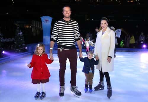 Armie Hammer and Elizabeth Chambers with children Harper and Ford attend Disney On Ice Presents Mickey's Search Party Holiday Celebrity Skating Event at Staples Center on December 13, 2019 in Los Angeles, California.