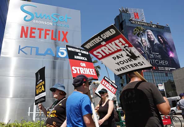 Picketing in front of Netflix office (Photo by Mario Tama/Getty Images)