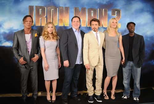 (L-R) Actors Mickey Rourke, Scarlett Johansson, director/actor Jon Favreau, actor Robert Downey Jr., actress Gwyneth Paltrow, and actor Don Cheadle pose during Paramount Pictures & Marvel Entertainment's 'Iron Man 2' photo call held at the Four Seasons Hotel on April 23, 2010 in Los Angeles, California.