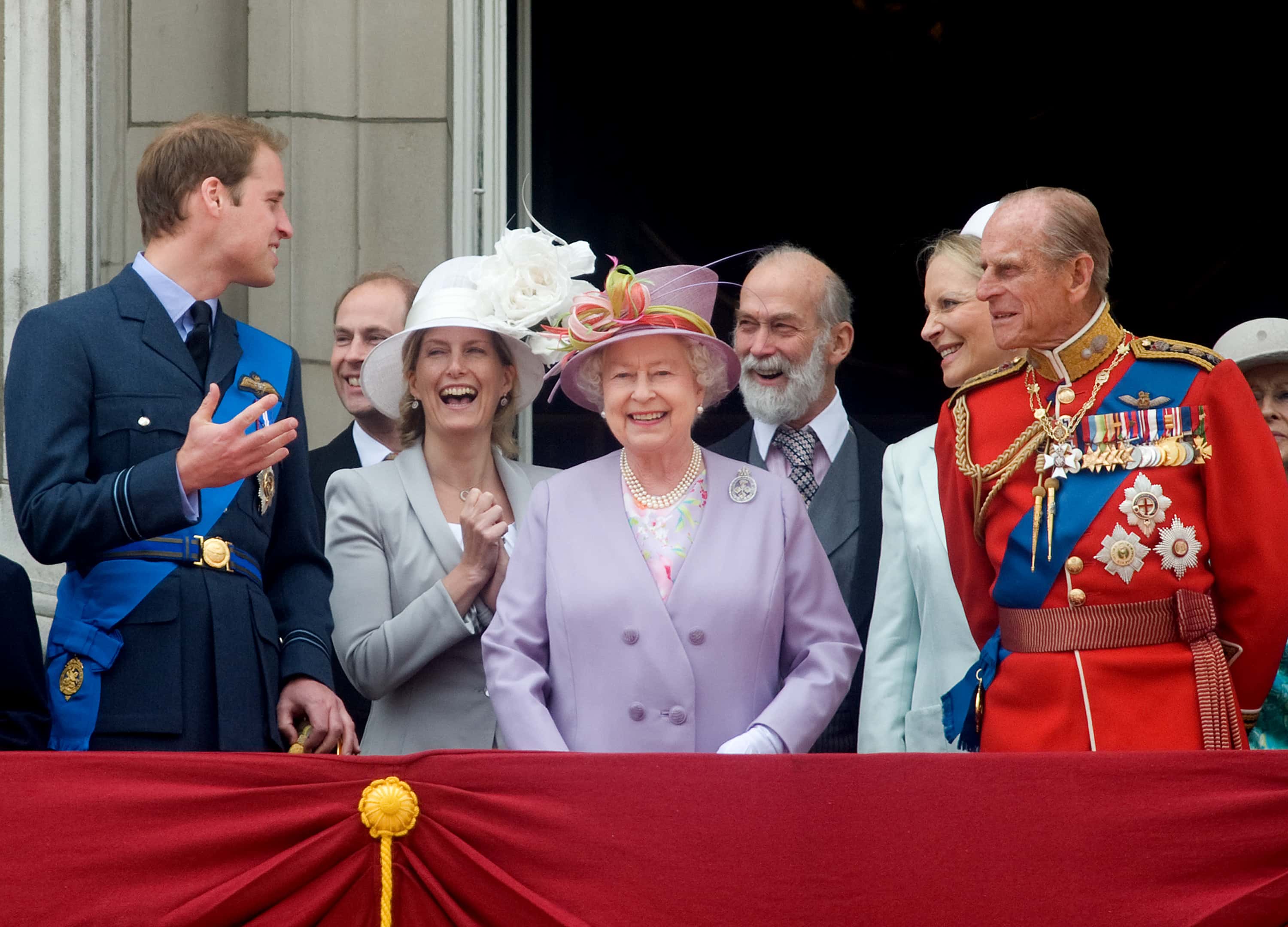 (L-R) Prince William, Sophie, Countess of Wessex, Queen Elizabeth II, Prince Michael of Kent, Princess Michael of Kent and Prince Philip, Duke of Edinburgh watch the fly past from the balcony of Buckingham Palace at Trooping The Colour on June 12, 2010 in London, England. Trooping The Colour is the Queen's annual birthday parade and dates back to the time of Charles II in the 17th Century when the colours of a regiment were used as a rallying point in battle.