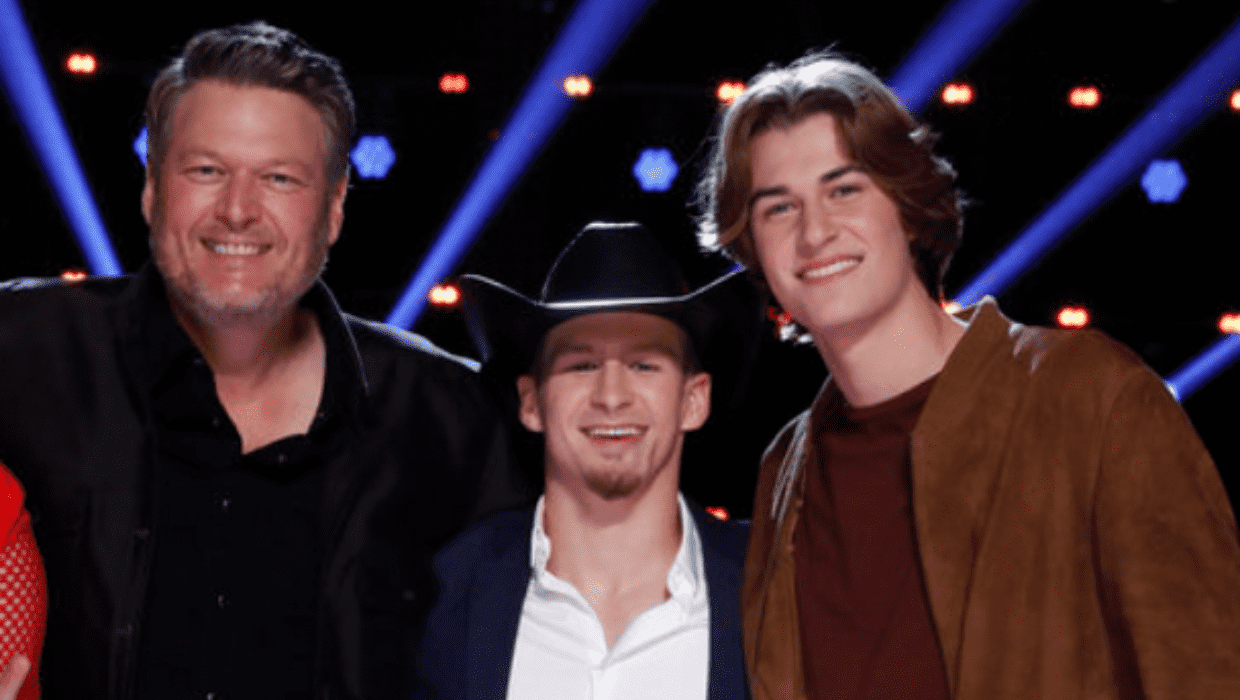 Blake Shelton with his mentees Bryce Leatherwood and Brayden Lape on 'The Voice' Season 22 (NBC)