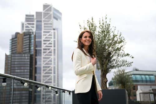 Catherine, Princess of Wales, (C) poses for a photograph, backdropped by buildings in the City of London, at NatWest's headquarters where she hosted the inaugural meeting of new Business Taskforce for Early Childhood at International HQ of Natwest and RBS on March 21, 2023 in London, England.