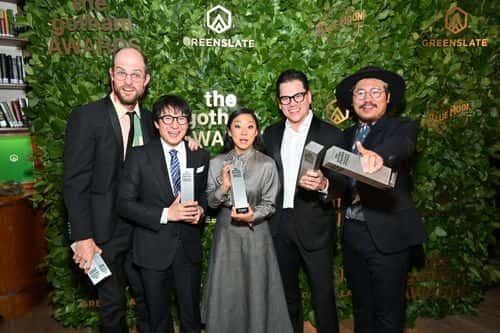 (L-R) Daniel Scheinert, Ke Huy Quan, Stephanie Hsu, Jonathan Wang and Daniel Kwan pose in the GreenSlate Greenroom at The 2022 Gotham Awards at Cipriani Wall Street on November 28, 2022 in New York City.