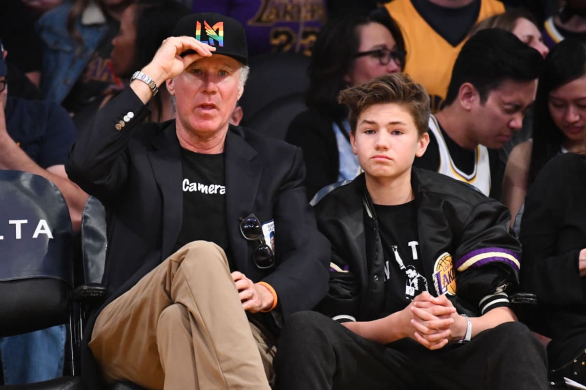  Will Ferrell and son Mattias Paulin Ferrell attend a basketball game between the Los Angeles Lakers and the Utah Jazz at Staples Center on April 07, 2019 in Los Angeles, California. (Photo by Allen Berezovsky/Getty Images)