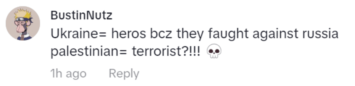 A user questioned why Ukrainians were regarded as heroes and why Palestinians are regarded as terrorists after witnessing IShowSpee's reaction (DailyFameClips/TikTok)