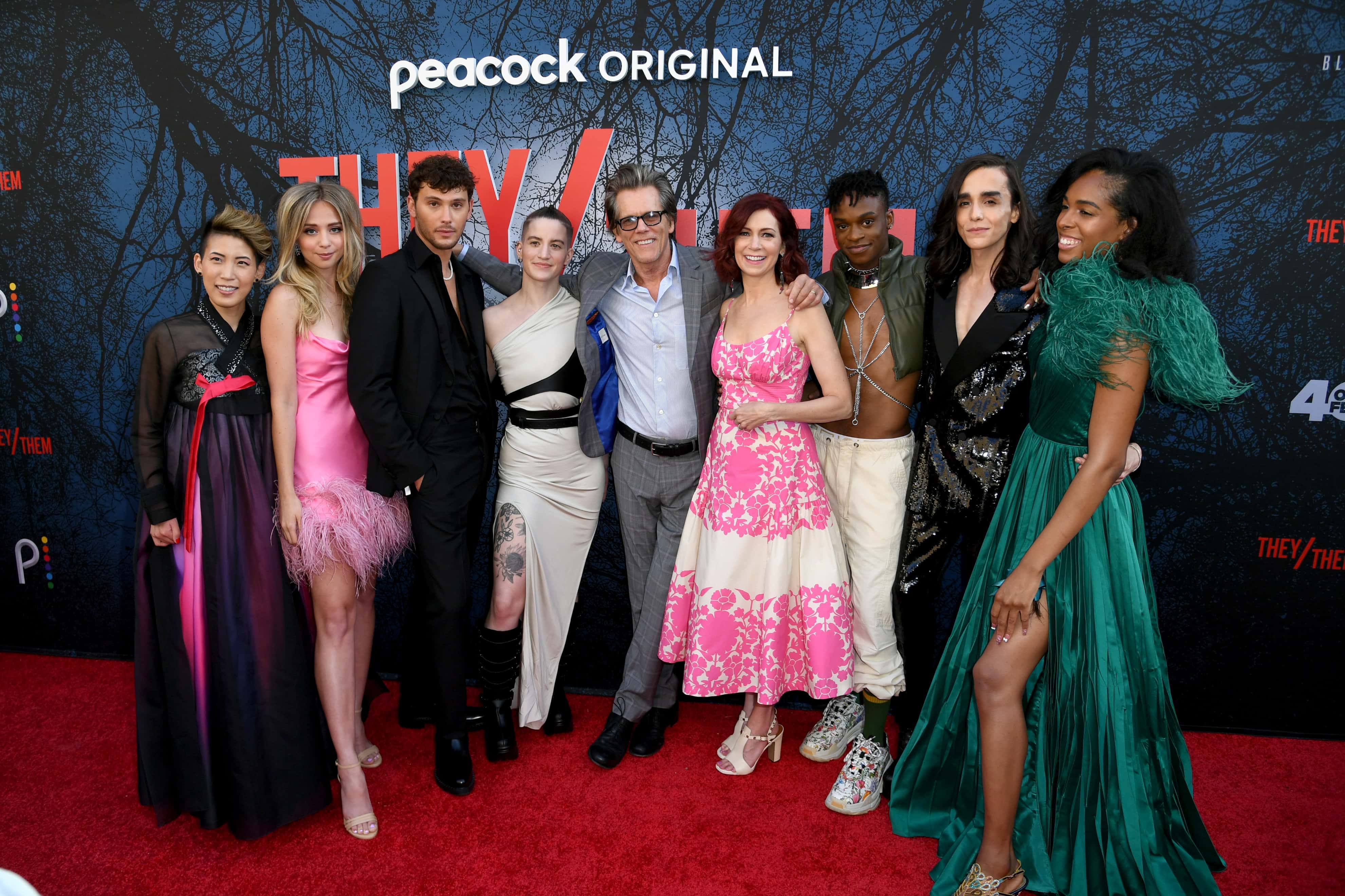 (L-R) Monique Kim, Anna Lore, Cooper Koch, Theo Germaine, Kevin Bacon, Carrie Preston, Austin Crute, Darwin Del Fabro, and Quei Tann attend the world premiere of “They/Them” during the 2022 Outfest Los Angeles LGBTQ+ Film Festival closing night at Ace Hotel on July 24, 2022 in Los Angeles, California.