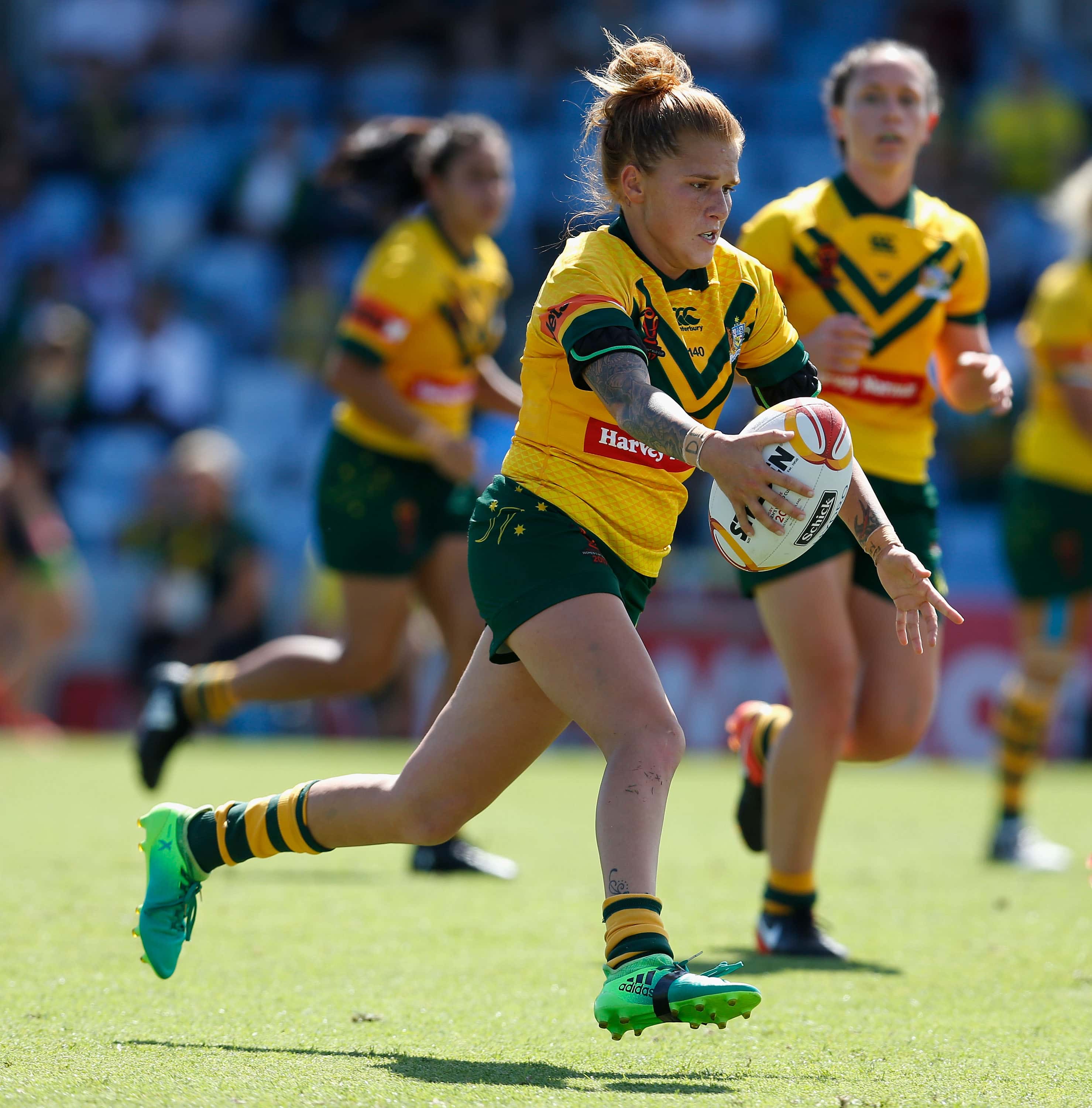 Caitlin Moran of Australia runs the ball during the 2017 Women's Rugby League World Cup match between Australia and England at Southern Cross Group Stadium on November 19, 2017 in Sydney, Australia.