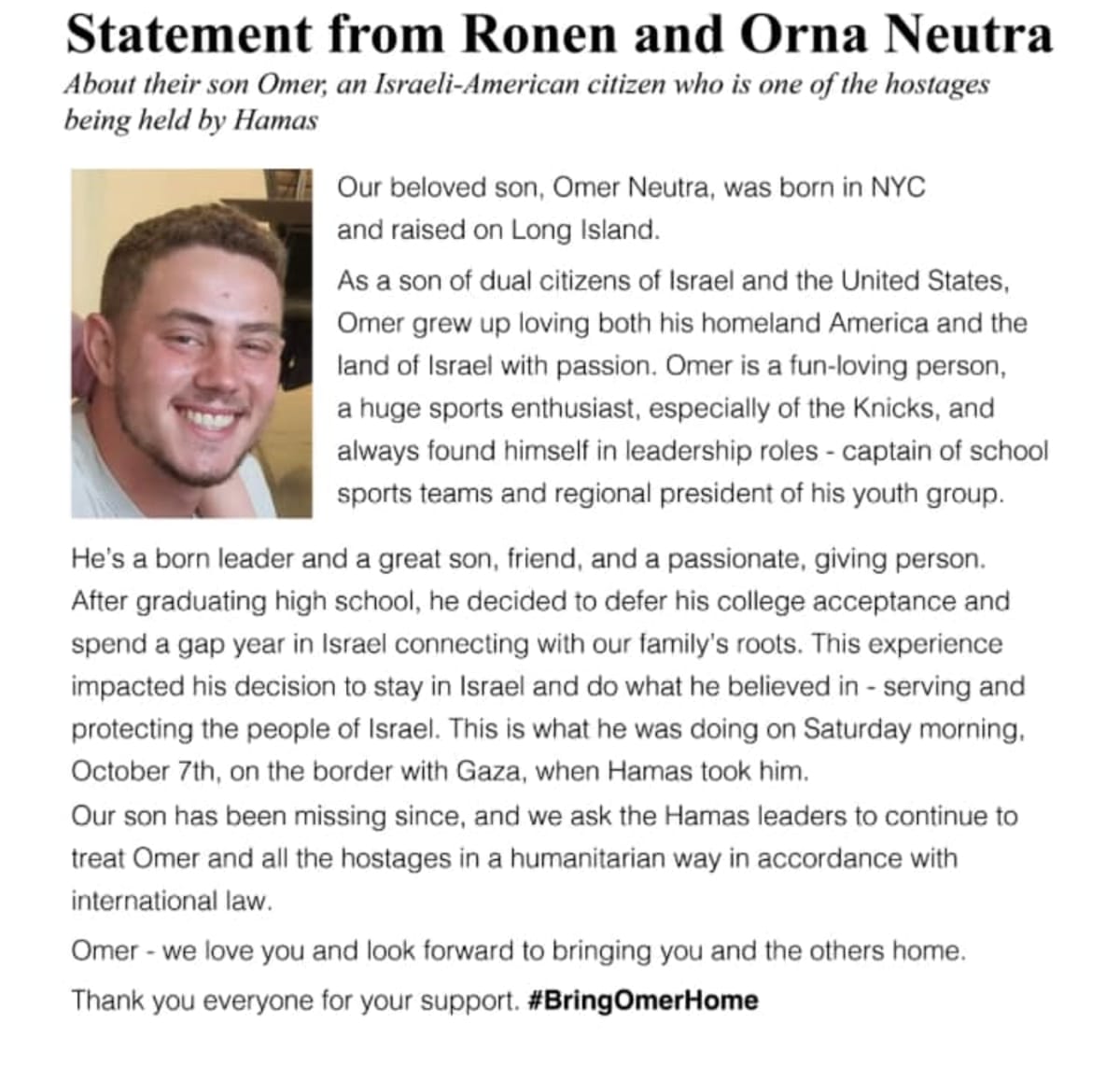 Omer Neutra's parents posted a statement to Facebook&nbsp;after learning of his son's&nbsp;kidnapping (Midway Jewish Center/Facebook)
