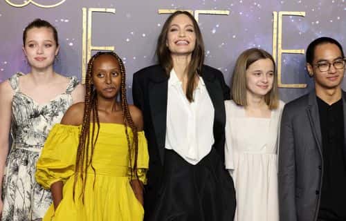 (L to R) Shiloh Jolie-Pitt, Zahara Jolie-Pitt, Angelina Jolie, Vivienne Jolie-Pitt and Maddox Jolie-Pitt attend the