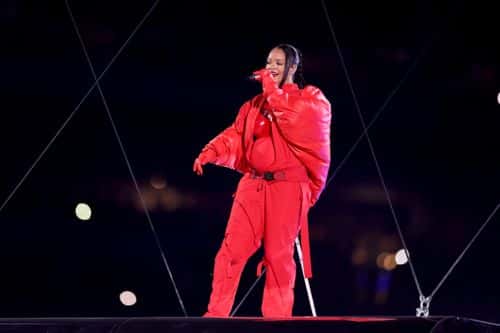 Rihanna performs onstage during the Apple Music Super Bowl LVII Halftime Show at State Farm Stadium on February 12, 2023 in Glendale, Arizona.