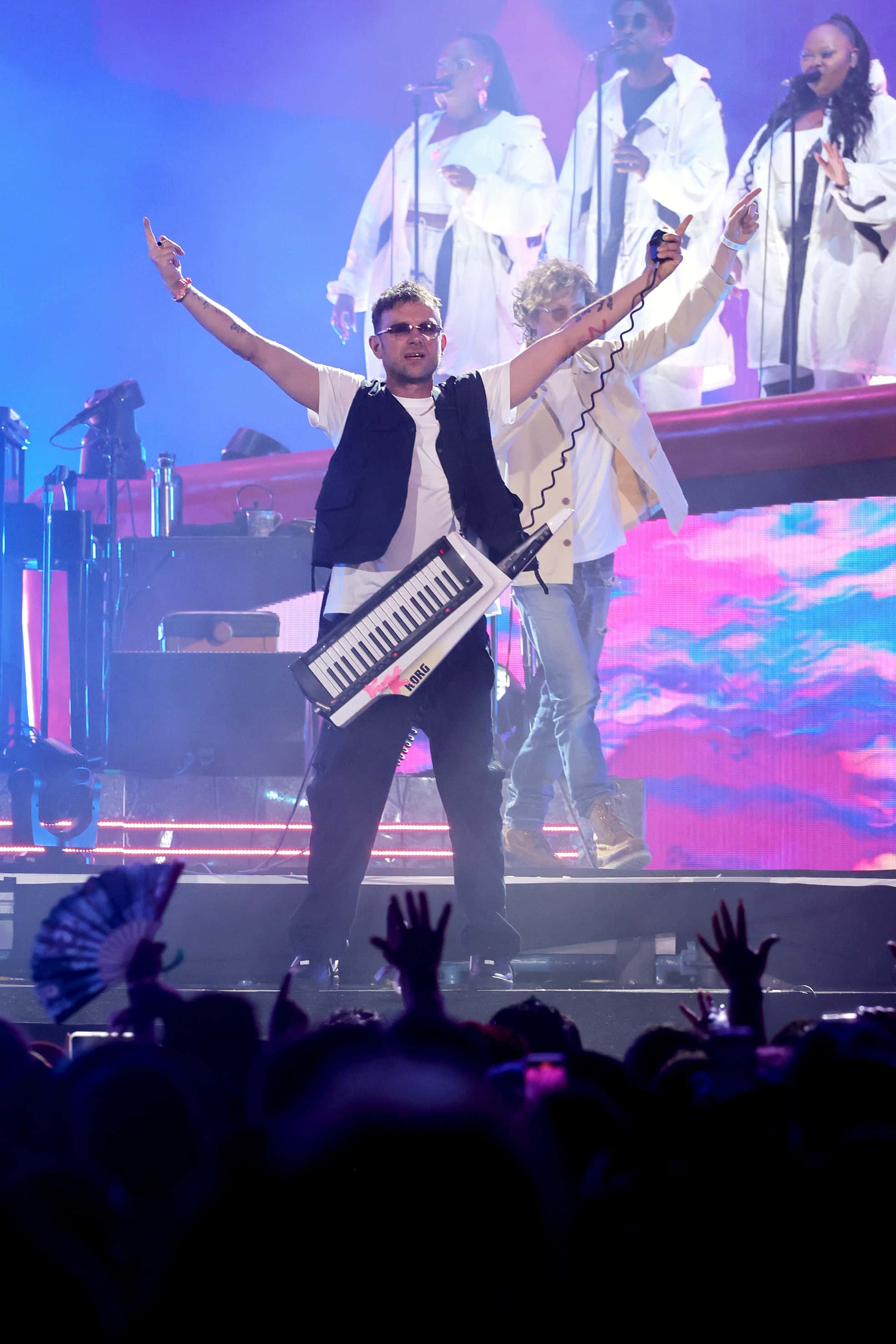 Beck (R) performs onstage with Damon Albarn of Gorillaz at the Coachella Stage during the 2023 Coachella Valley Music and Arts Festival on April 21, 2023, in Indio, California. (Photo by Michael Loccisano/Getty Images for Coachella)