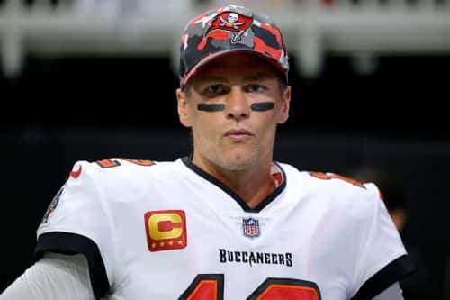 Tom Brady #12 of the Tampa Bay Buccaneers looks on prior to the game against the Atlanta Falcons at Mercedes-Benz Stadium on January 08, 2023 in Atlanta, Georgia.