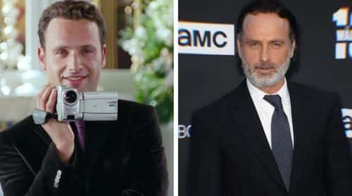 Andrew Lincoln in  ‘Love Actually’ 2003 (IMDb) and the actor from a post on his 49th birthday in September 2022 (Instagram/@andrewjjlincoln)