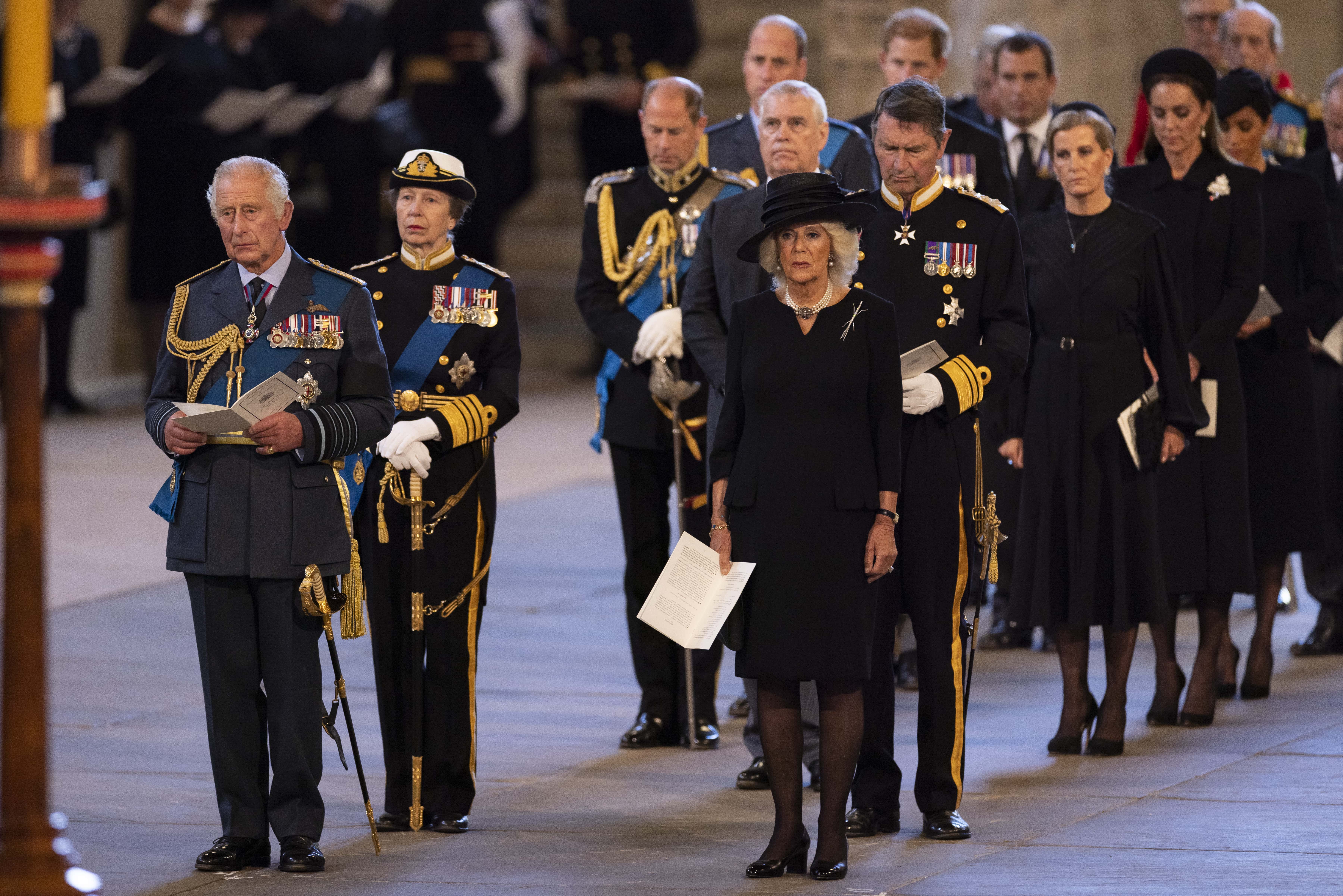 King Charles III, Anne, Princess Royal, Prince Edward, Earl of Wessex, Prince William, Prince of Wales, Prince Andrew, Duke of York, Camilla, Queen Consort, Sir Timothy Laurence, Mr Peter Phillips, Sophie, Countess of Wessex, Catherine, Princess of Wales, Princess Beatrice and Prince Edward, Duke of Kent are seen inside the Palace of Westminster for the Lying-in State of Queen Elizabeth II on September 14, 2022 in London, England. Queen Elizabeth II's coffin is taken in procession on a Gun Carriage of The King's Troop Royal Horse Artillery from Buckingham Palace to Westminster Hall where she will lay in state until the early morning of her funeral. Queen Elizabeth II died at Balmoral Castle in Scotland on September 8, 2022, and is succeeded by her eldest son, King Charles III.