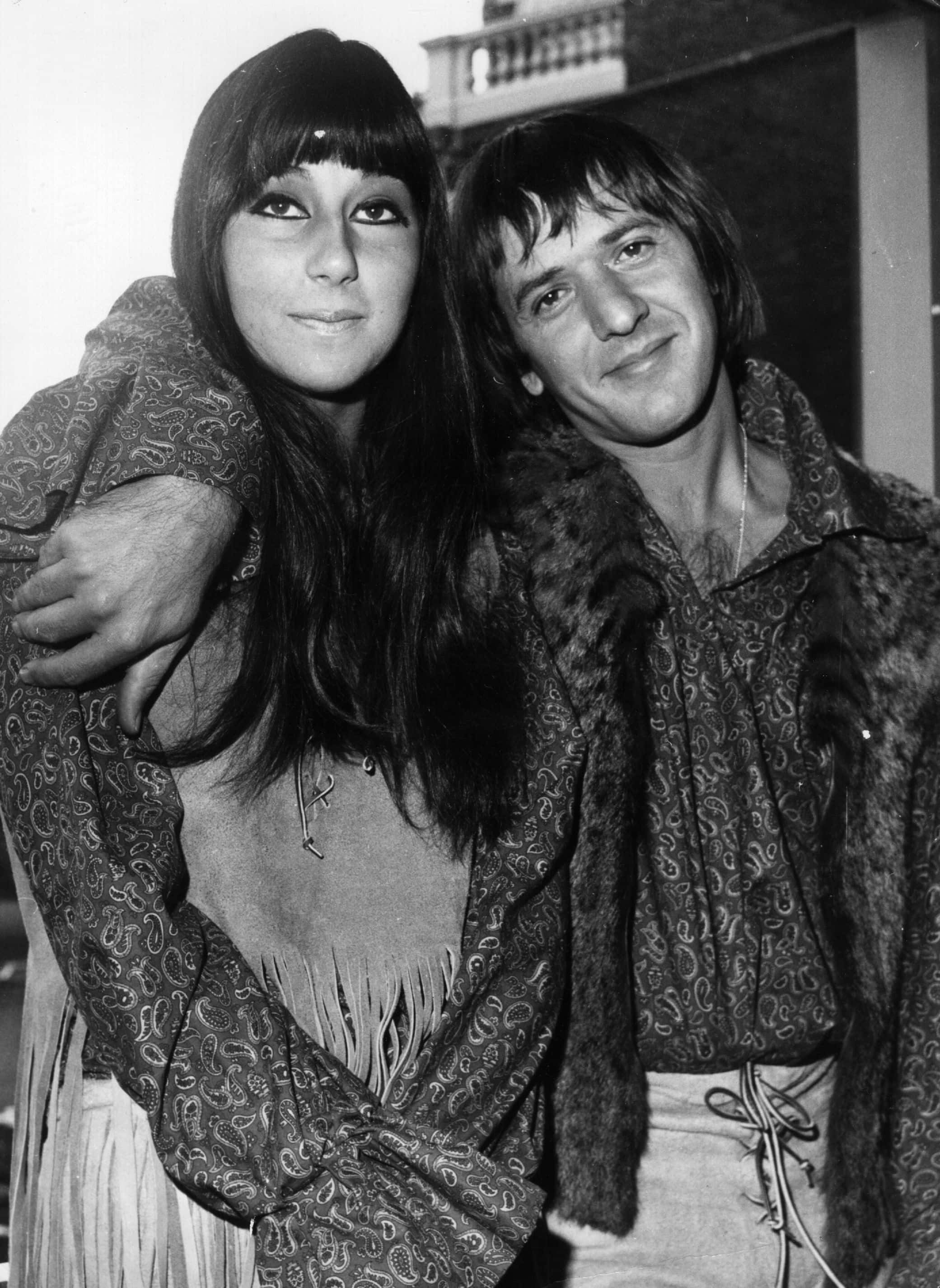 Sonny (Salvatore Bono, 1935 - 1998) and Cher (Cherilyn Sarkasian La Pier) on their trip to Britain just after getting married. (Photo by Douglas Miller/Getty Images)