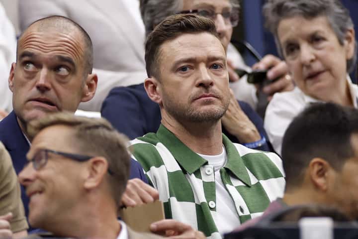 Justin Timberlake at the Men's Singles Final match between Novak Djokovic and Daniil Medvedev on September 10, 2023 in the Flushing neighborhood of the Queens borough of New York City (Photo by Sarah Stier/Getty Images)
