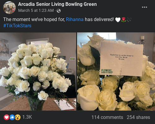 The singer of ‘Love on the Brain’, Rihanna delivered the group of grannie a stunning bunch of white flowers with an adorable note (Facebook/@arcadiaseniorlivingbowlingreen)